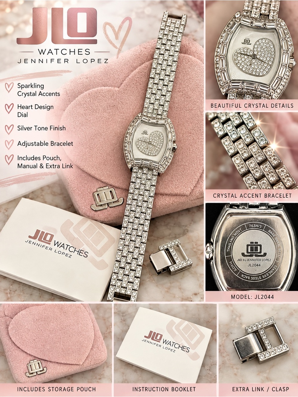 JLO by Jennifer Lopez Crystal Heart Watch Silver Tone JL2044